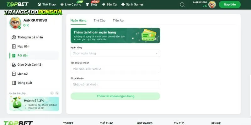 Các bước rút tiền nhanh chóng tại TOPBET